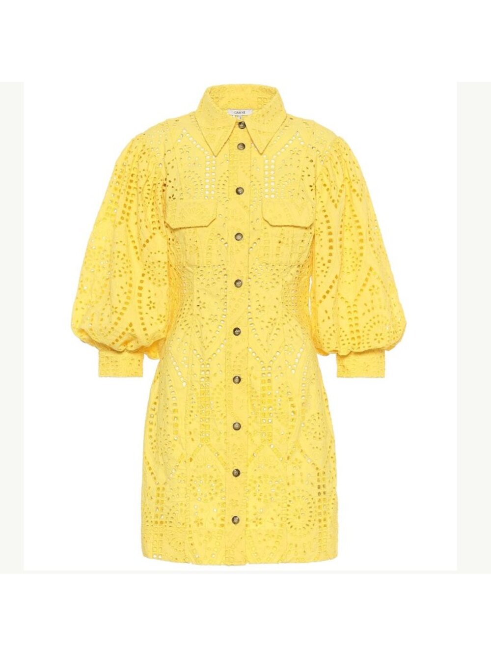 NWT Ganni Embroidered Eyelet Broderie Anglaise Puff Sleeve Mini Shirt Dress 36 4